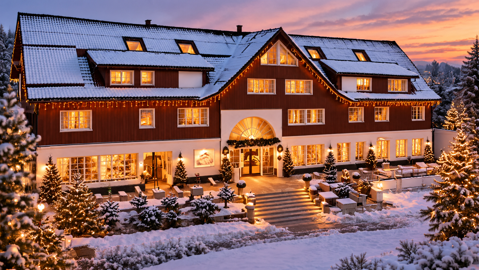 Verschneites Alpenhotel im Abendlicht